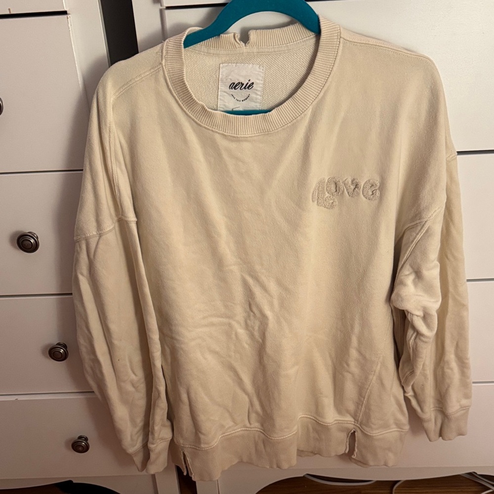 Aerie Cream Crewneck Sweater with Love Embroidery
